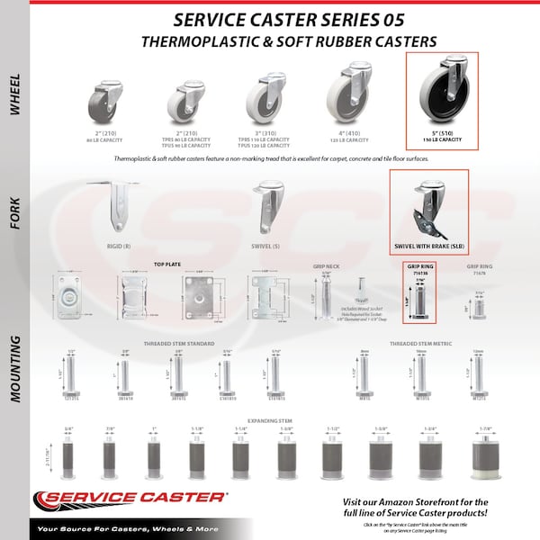 Service Caster 5 Inch Thermoplastic Wheel 1-3/8 Inch Grip Ring Stem Caster with Brakes, 4PK SCC-GR05S510-TPRS-SLB-716138-4 - main